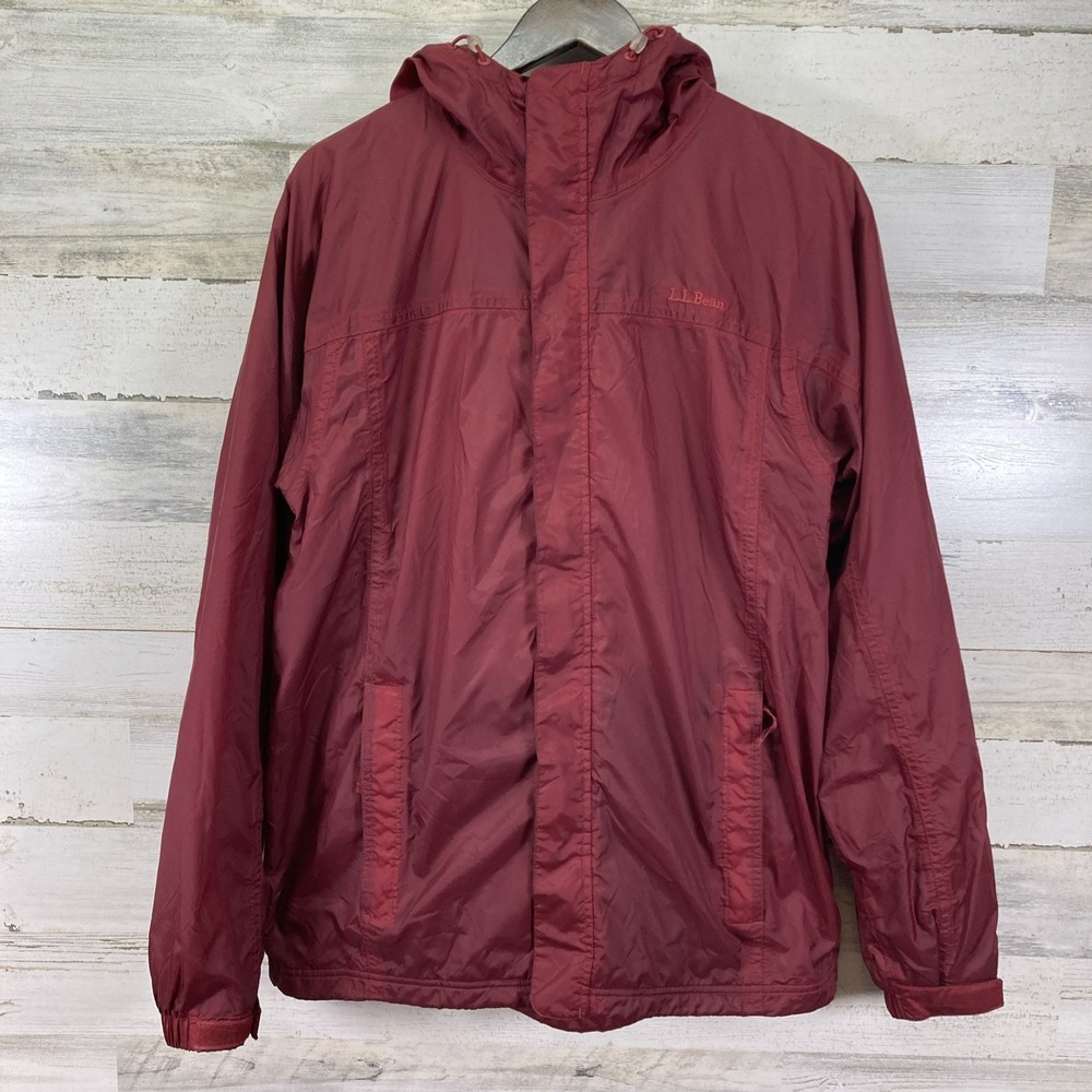 LL Bean Mens Red Vintage Fleece Lined Hooded Rain‎ Jacket Size M